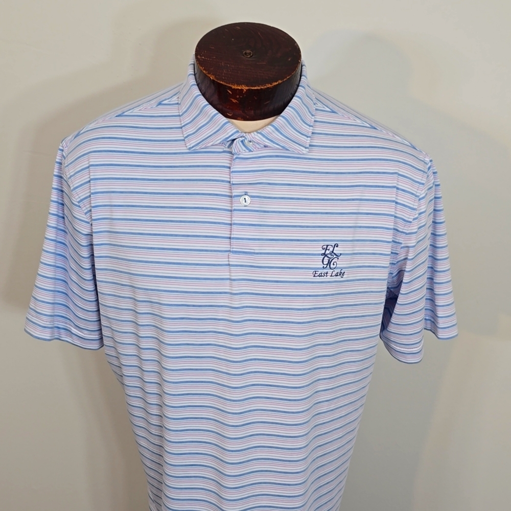 Peter Millar Crown Crafted Mens L Pink White Blue East Lake Short Sleeve Polo